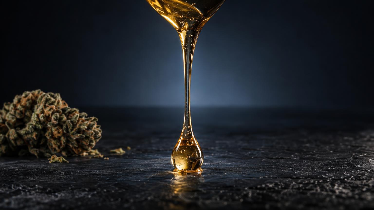 Goudgele cannabisolie druppelt uit een pipet boven gedroogde cannabis, illustreert extractvorm voor hoe lang blijf je st