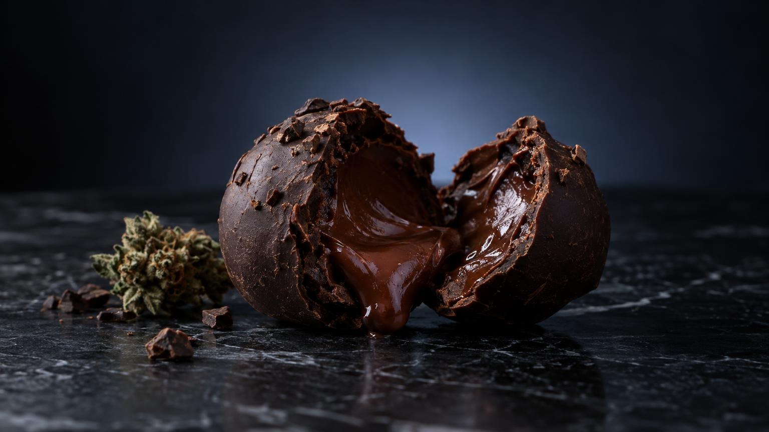 How Long Do Edibles Last: broken chocolate sphere with molten filling and cannabis leaf on dark surface