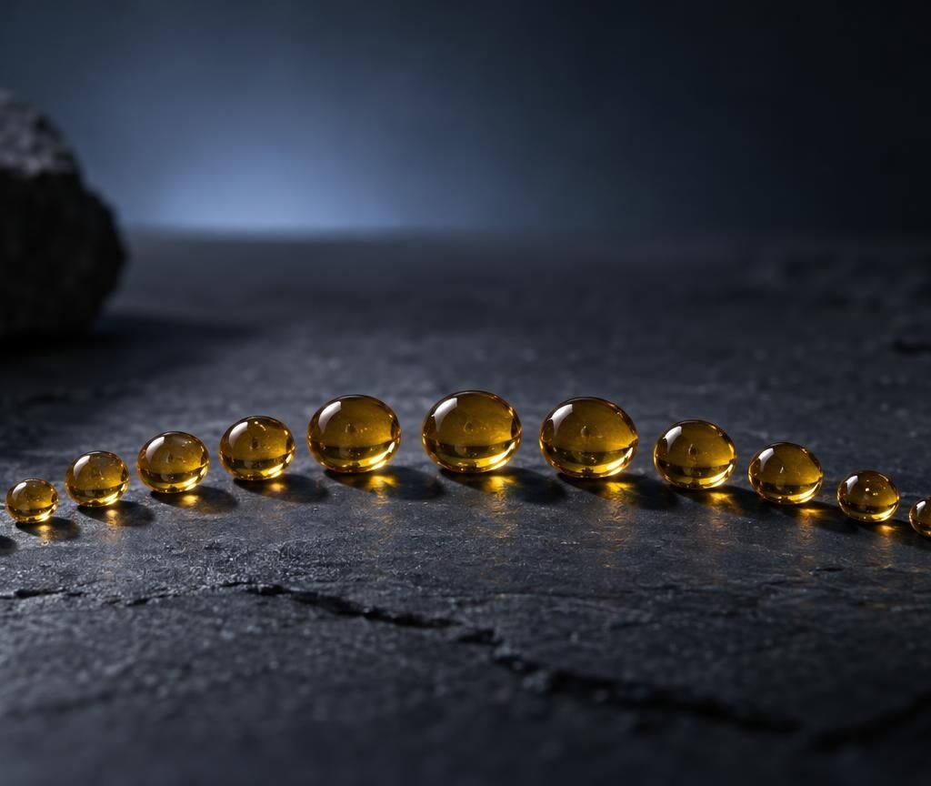 Gouttes de liquide ambré alignées sur une surface grise, illustrant la composition d'un produit CBD