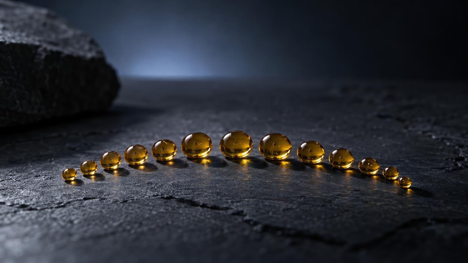 Indika vape CBD : gouttes de liquide ambré alignées sur une surface grise, illustrant la composition d'un produit CBD