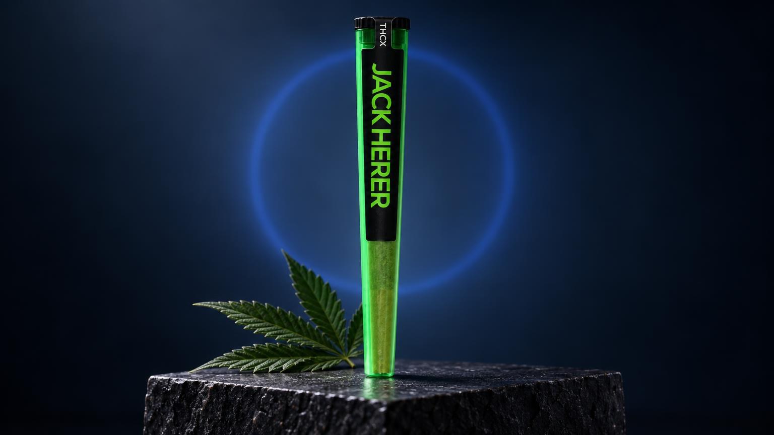 Grüner Pre-Roll mit schwarzem Filter auf Baumstamm, daneben Hanfblatt