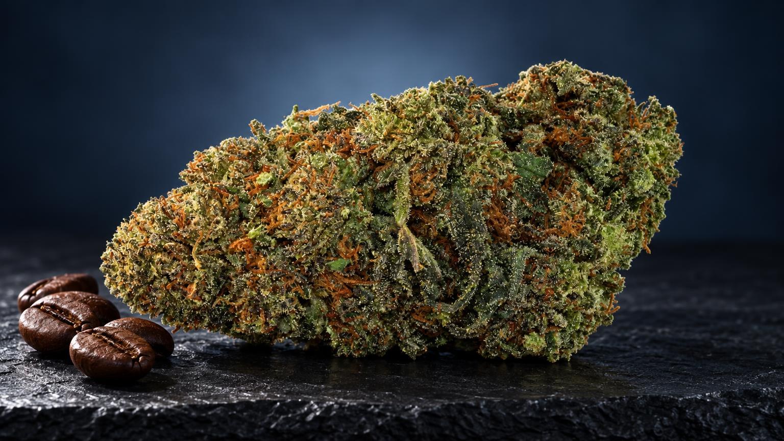 Kush-Sorten: dichte BlĂŒte mit grĂŒnen und braunen Tönen neben zwei NĂŒssen, Detailaufnahme einer Kush-Sorte
