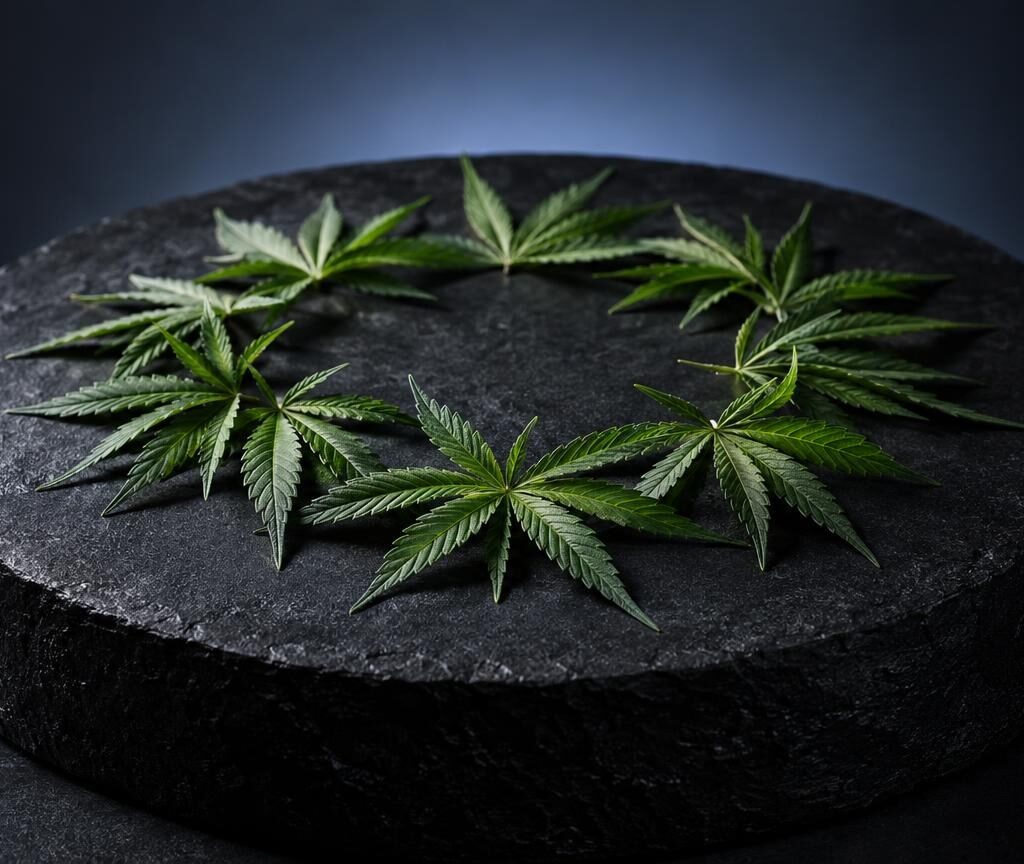Feuilles de cannabis disposées sur une surface circulaire noire, contexte légal et réglementaire