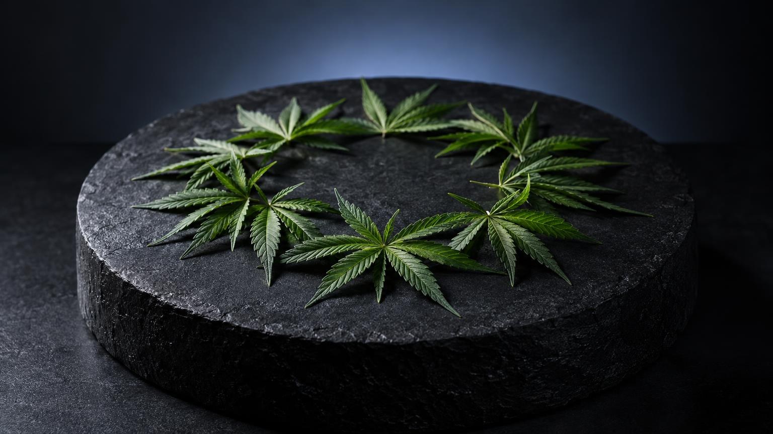 Loi CBD : feuilles de cannabis disposées sur une surface circulaire noire, contexte légal et réglementaire