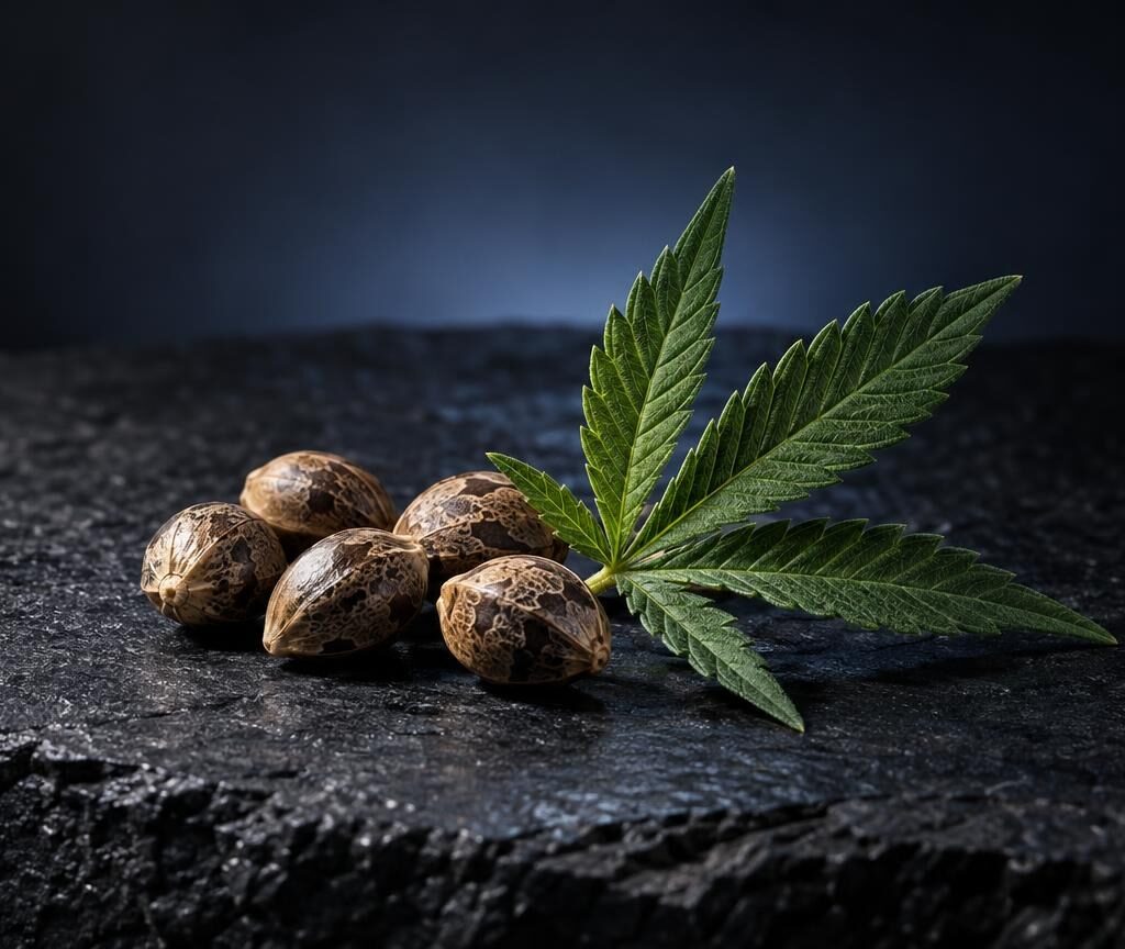 Graines de cannabis et feuille verte sur surface noire, illustrant les matières premières du Meilleur CBD