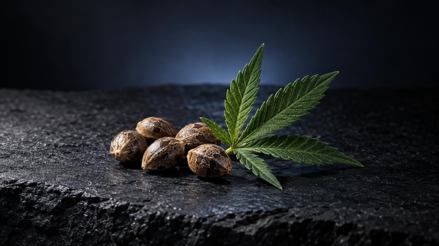 Graines de cannabis et feuille verte sur surface noire, illustrant les matiĂšres premiĂšres du Meilleur CBD