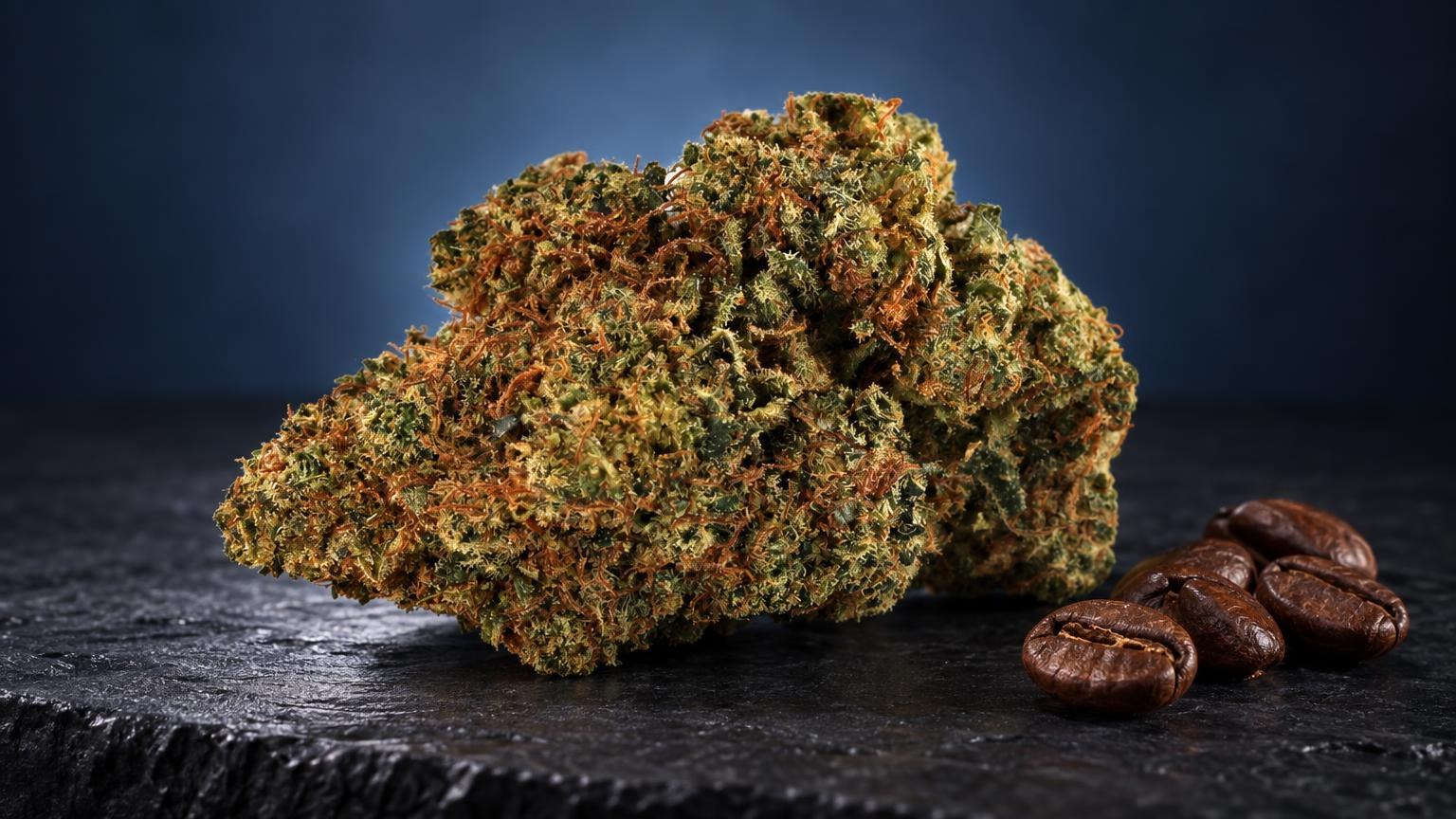 OG Kush Strain: diamond Kush with dense, amber-coated crystalline structure and coffee beans on dark surface