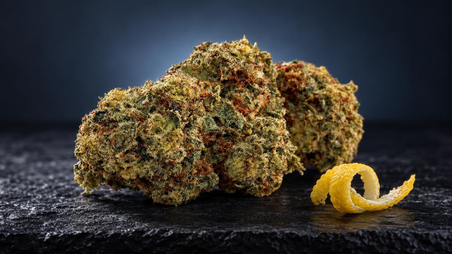 Orange Bud : trois fleurs denses aux teintes jaune-vert et orange, texture cristalline, accompagnées d'une zeste d'agrume
