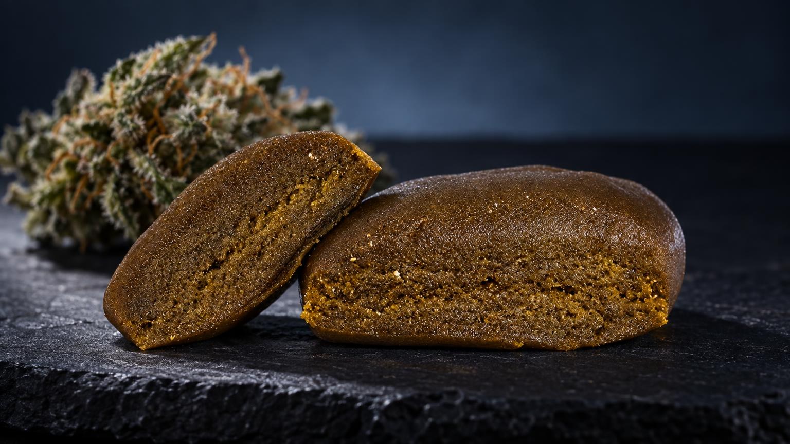 Piatella CBC : piatella Hash brun doré en deux morceaux et fleur séchée, sur fond noir