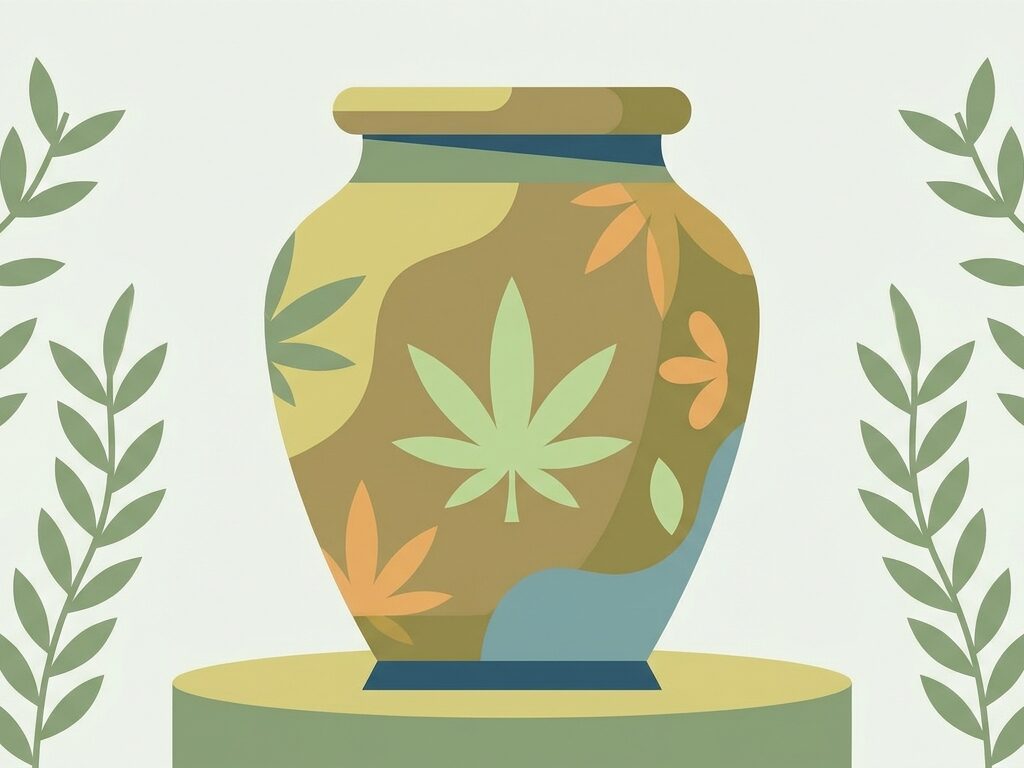 Pot décoratif avec motifs de feuilles stylisées, entouré de plantes, pour illustrer les formats de présentation