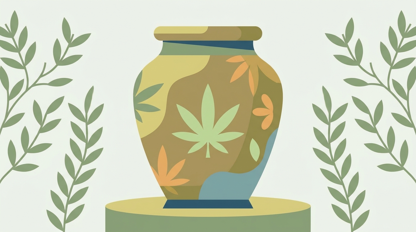 Pot décoratif avec motifs de feuilles stylisées, entouré de plantes, pour illustrer les formats de présentation
