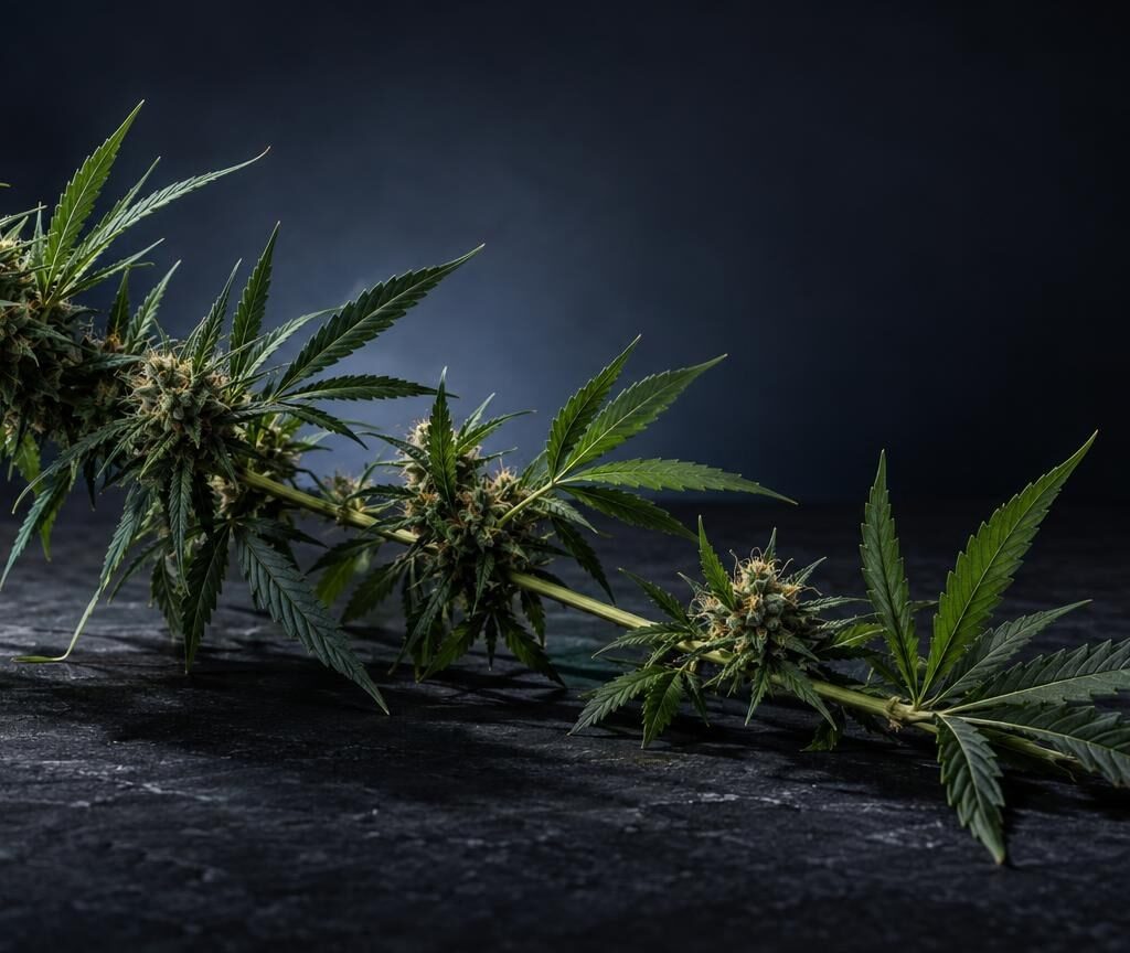 Fleurs et feuilles de cannabis sur surface grise, illustrant les matières premières utilisées par un producteur CBD