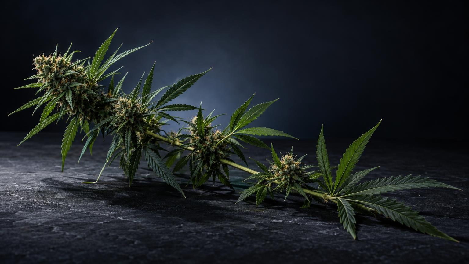 Fleurs et feuilles de cannabis sur surface grise, illustrant les matières premières utilisées par un producteur CBD