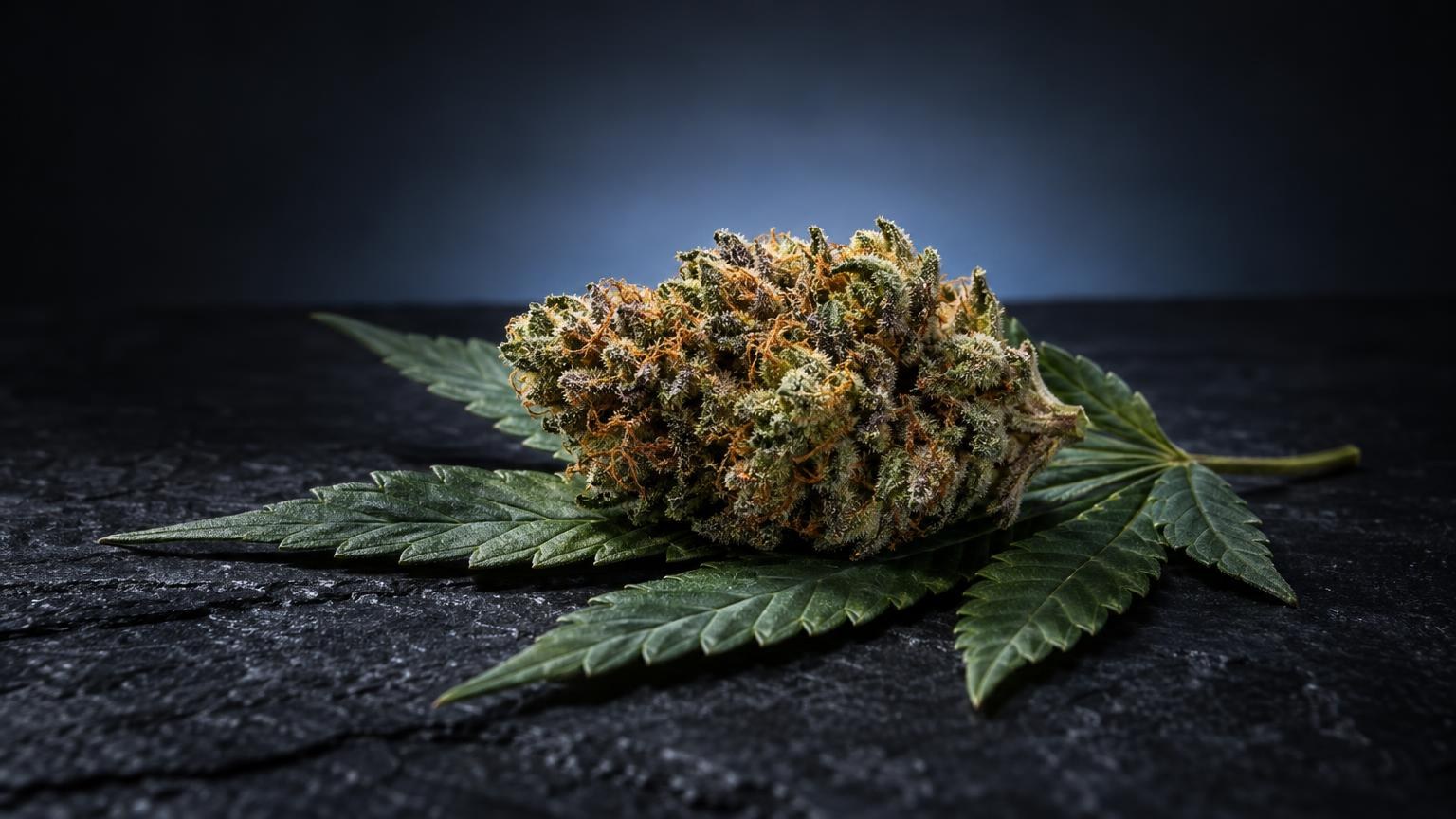 Psycho candies: flor seca con hojas verdes características sobre superficie oscura, materia prima para productos derivad