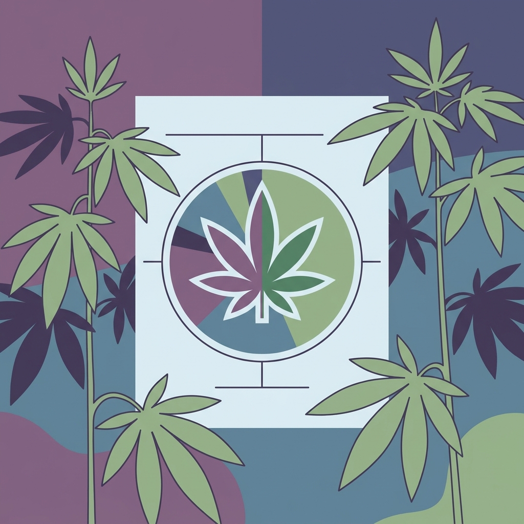 Cannabisblatt in Kreismitte umgeben von Pflanzenillustrationen, symbolisiert Analyse des Purple Haze THC-Gehalt
