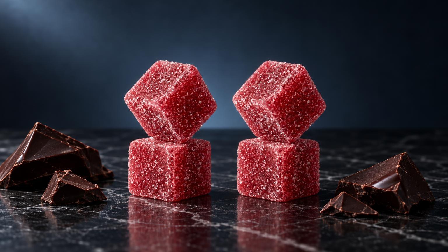 Qué son los terpenos: dos gominolas cubos rojos con azúcar, rodeadas de trozos de chocolate oscuro sobre fondo azul oscu