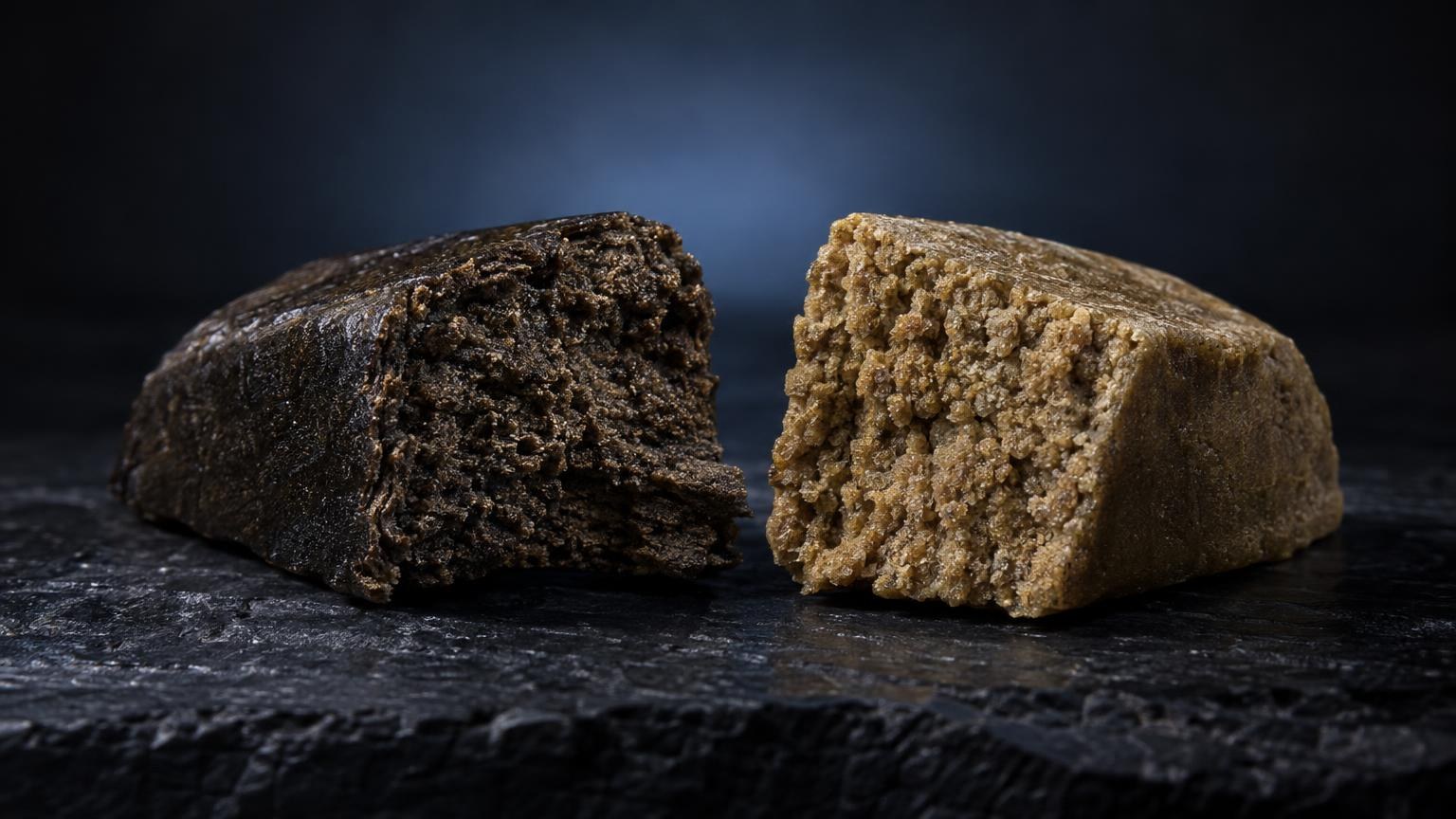 Resina THC: due campioni di resina con texture granulosa, uno più scuro e uno più chiaro