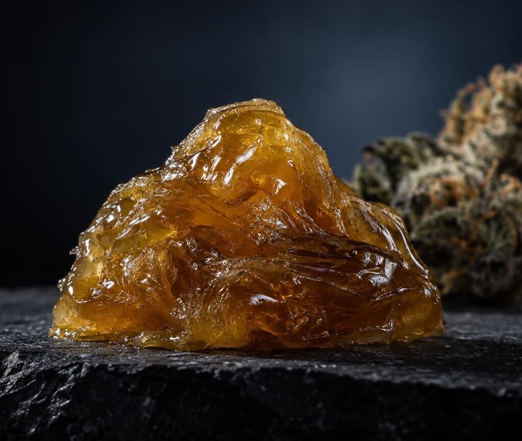 Rosin hash de couleur ambrée translucide posé sur une surface noire, avec fleurs séchées en arrière-plan