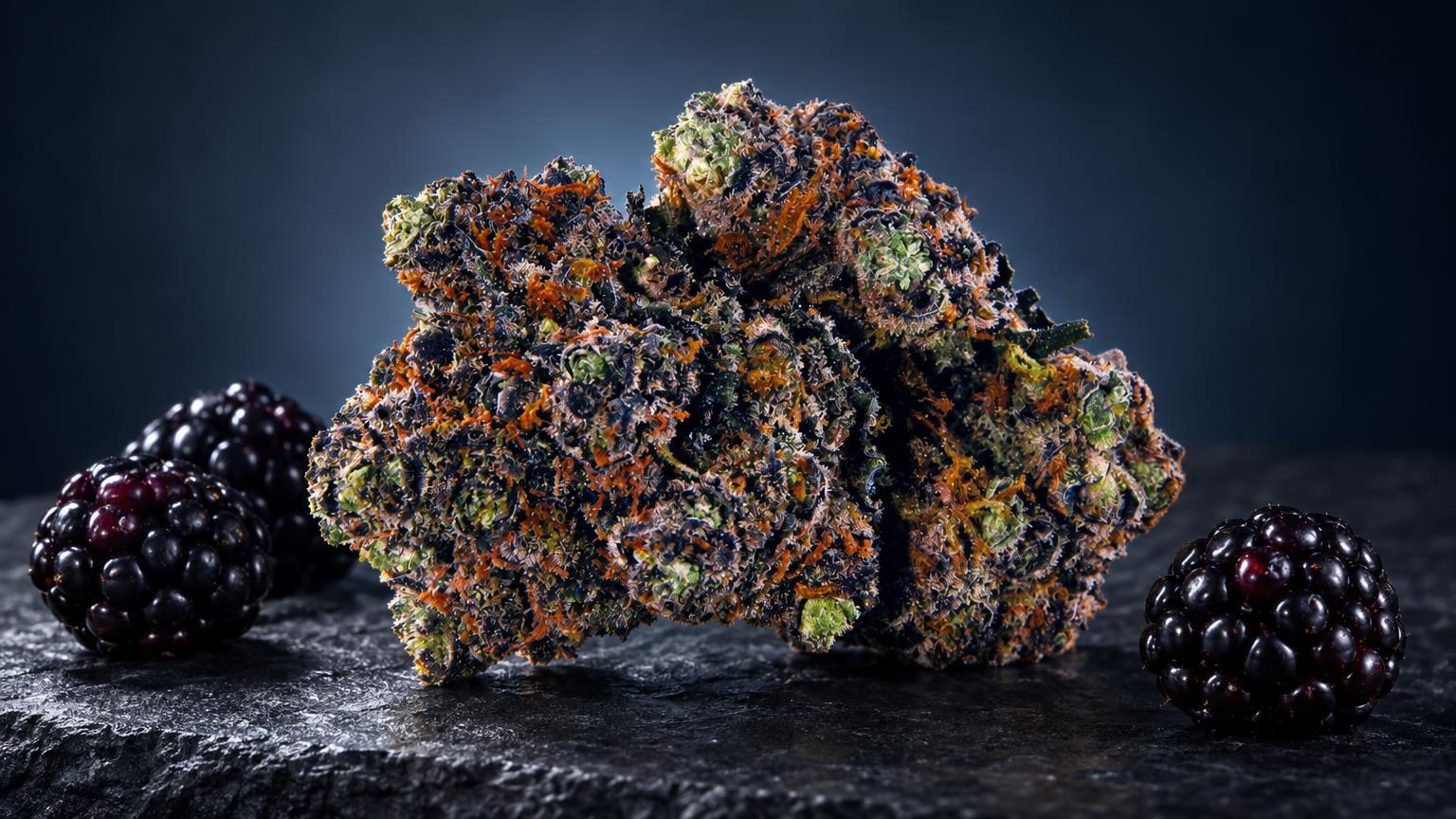 Sativa Indica Unterschied: purple Haze mit orangebraunen und grĂŒnen Trichomen, umgeben von schwarzen Brombeeren auf Stei