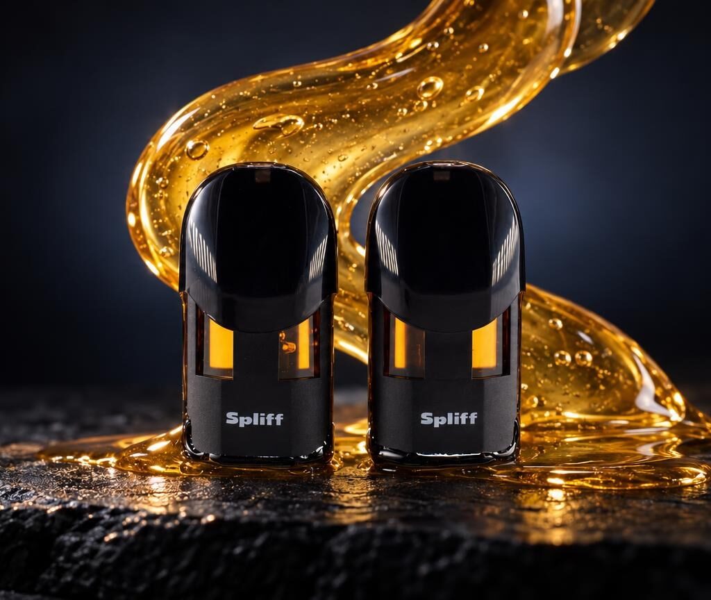 Deux cartouches noires Magic Pod Live Rosin avec liquide doré ambré, entourées de résine brillante dorée sur fond noir