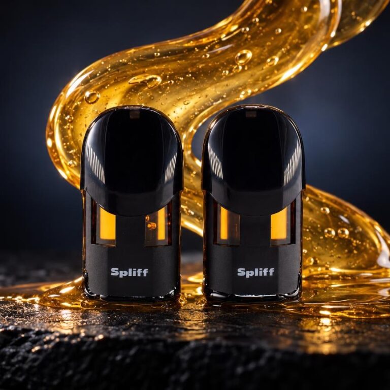Deux cartouches noires Magic Pod Live Rosin avec liquide doré ambré, entourées de résine brillante dorée sur fond noir