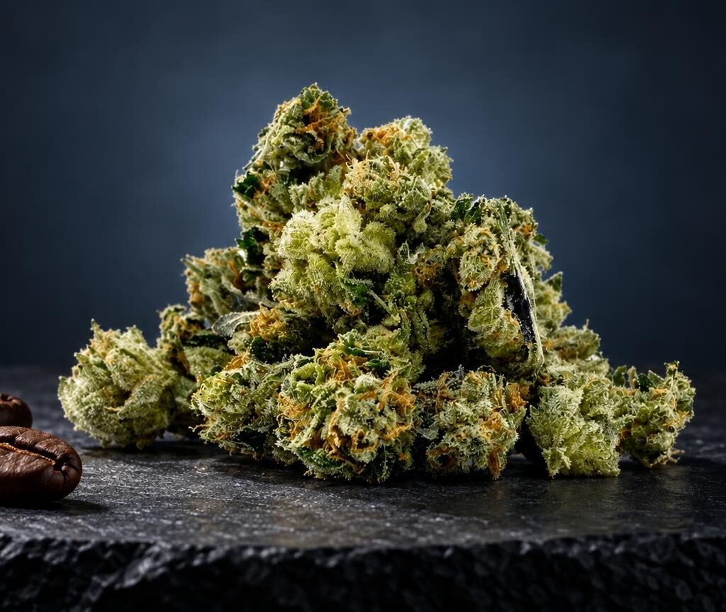 Sativa vs indica : fleur de cannabis verte et jaune aux cristaux visibles, accompagnée de graines brunes, sur surface noire