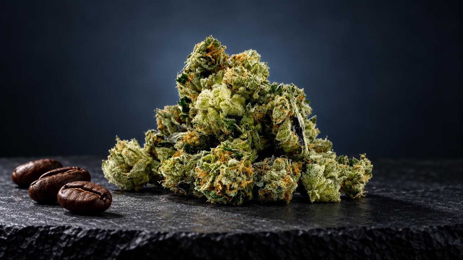 Sativa vs indica : fleur de cannabis verte et jaune aux cristaux visibles, accompagnée de graines brunes, sur surface noire
