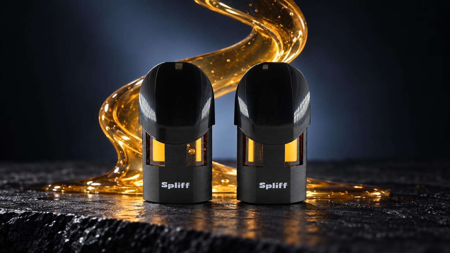 Smart vape : deux pods noirs rectangulaires avec écran tactile doré, liquide ambré en mouvement derrière, fond bleu foncé