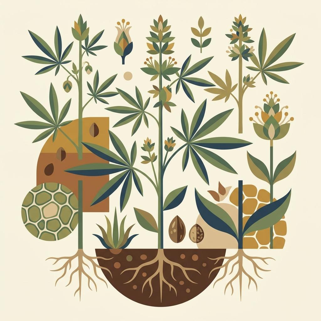 Sniff shop: piante di cannabis con radici, fiori e semi in stile illustrativo su sfondo beige