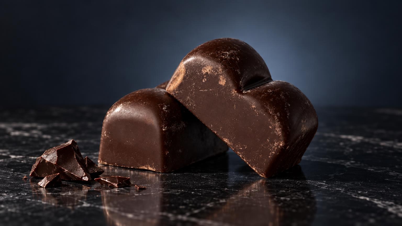 Twee glanzende donkerbruine chocoladeblokjes met gebroken stukjes op donkere achtergrond, spacecake-product