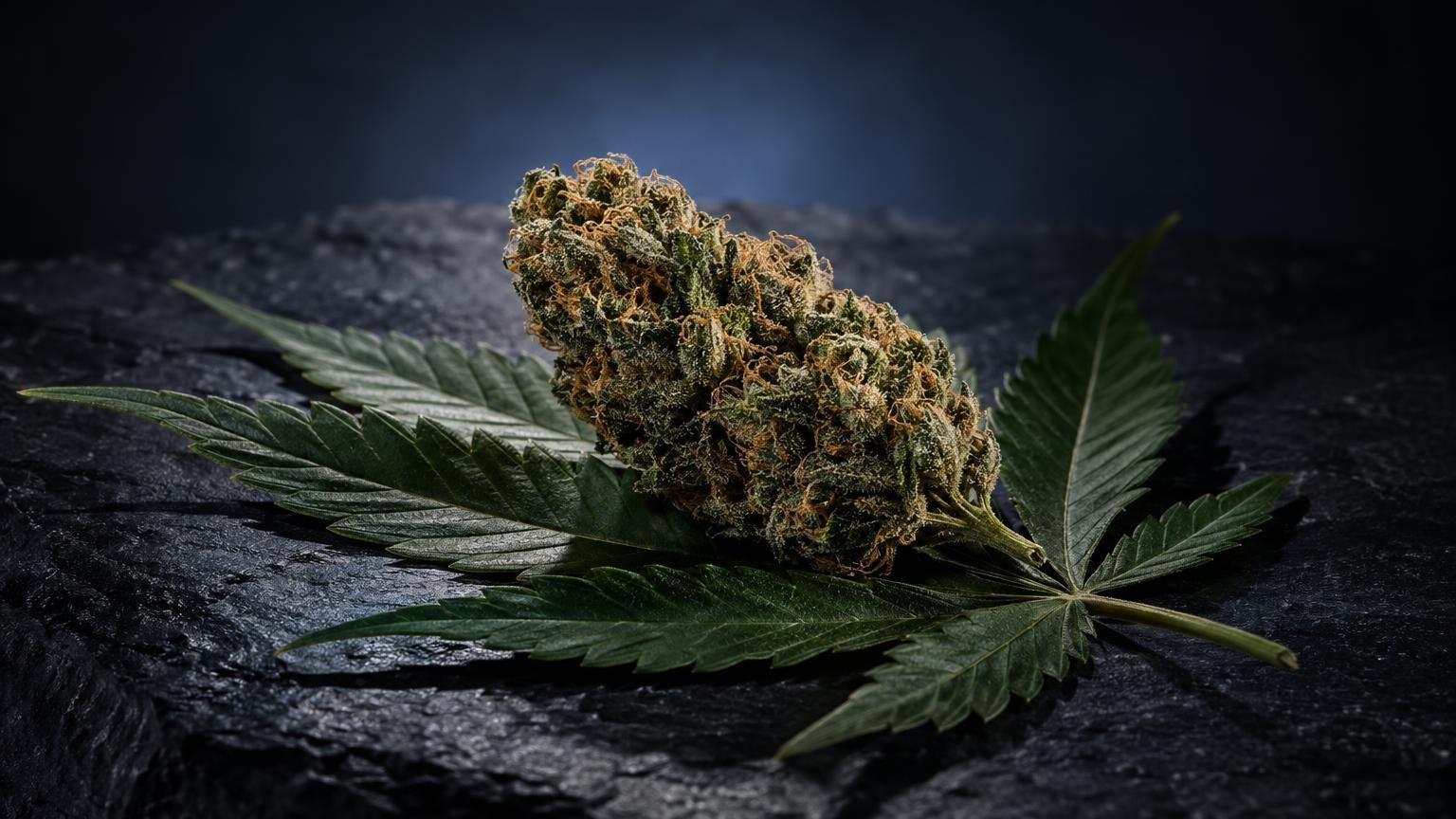 Fleur de cannabis avec feuilles vertes sur surface noire, illustrant les terpènes : définition