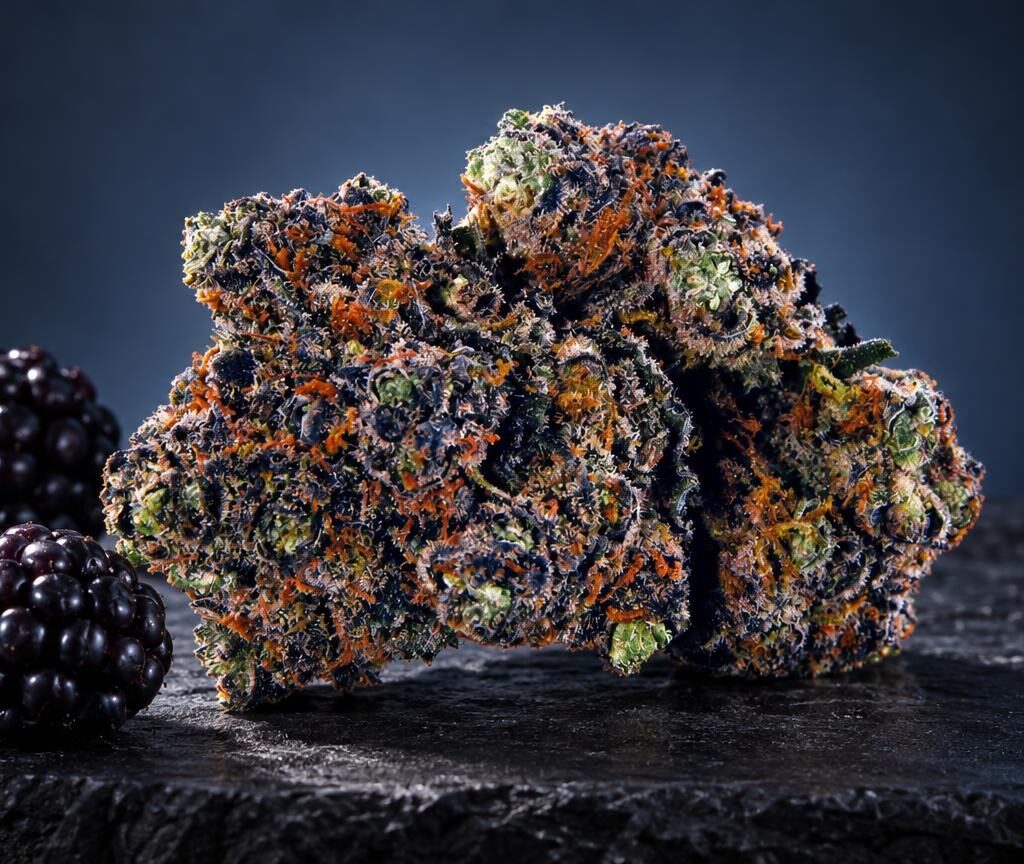 Fleur de Purple Haze aux teintes violettes et orangées, à texture cristalline et compacte, posée près de mûres fraîches