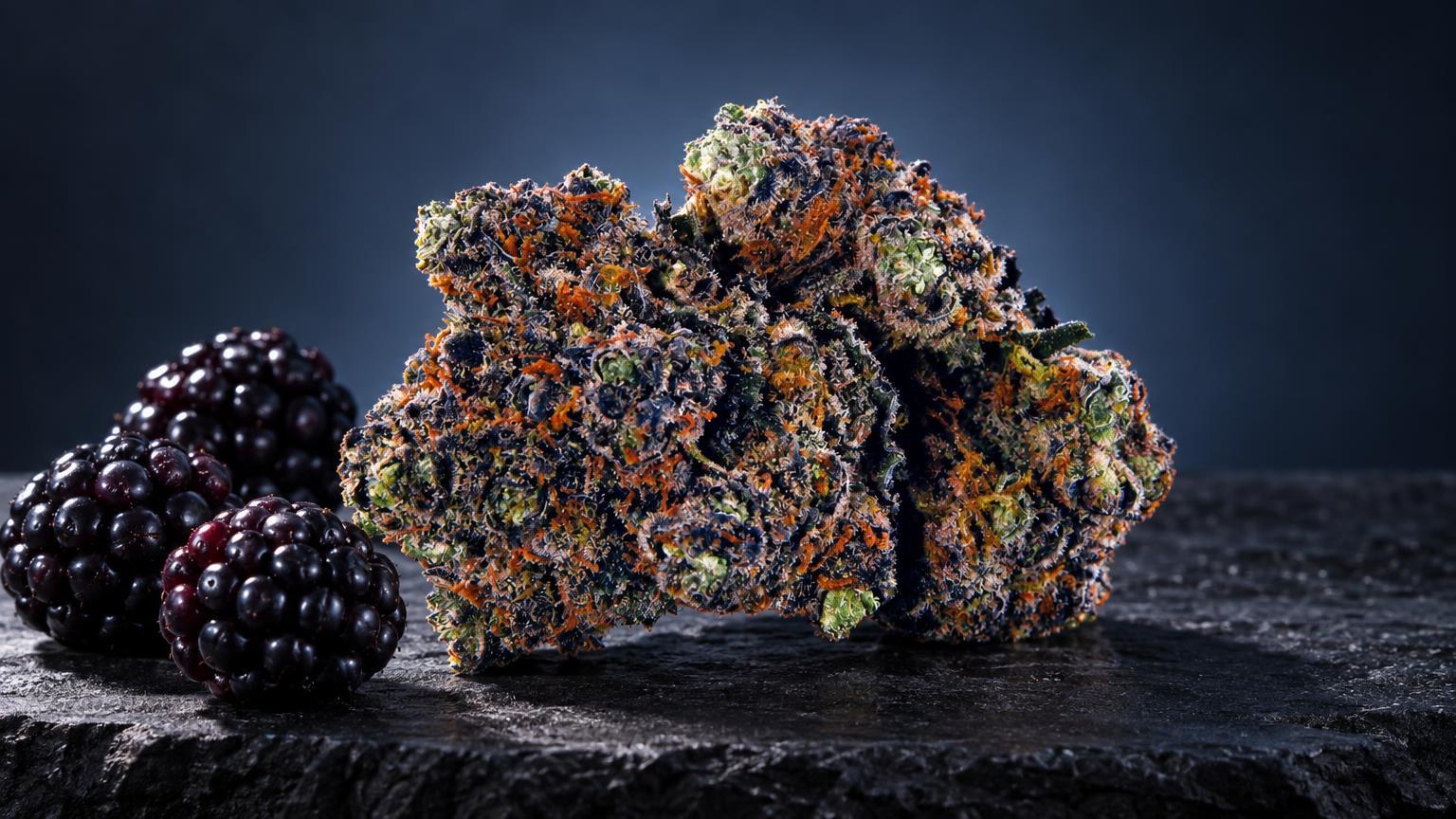 Fleur de Purple Haze aux teintes violettes et orangées, à texture cristalline et compacte, posée près de mûres fraîches