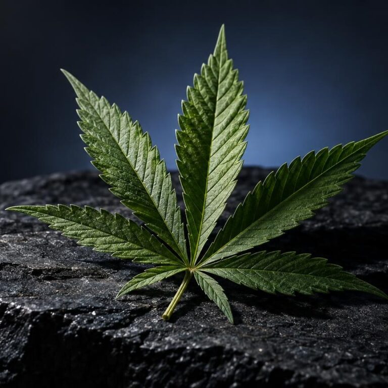 Feuille de cannabis avec sept folioles vertes sur roche grise, fond bleu, pour article sur le test salivaire THC