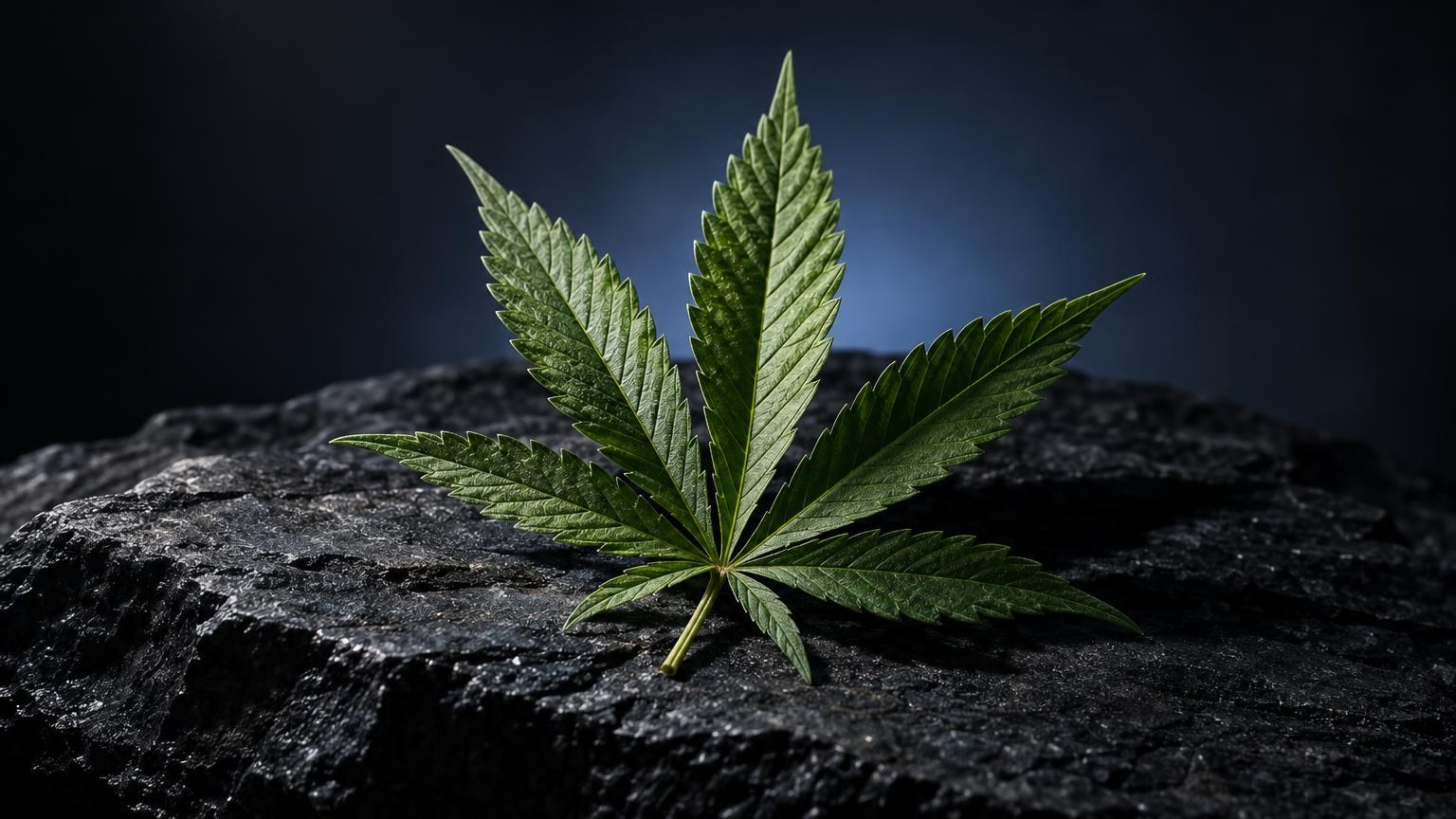Feuille de cannabis avec sept folioles vertes sur roche grise, fond bleu, pour article sur le test salivaire THC