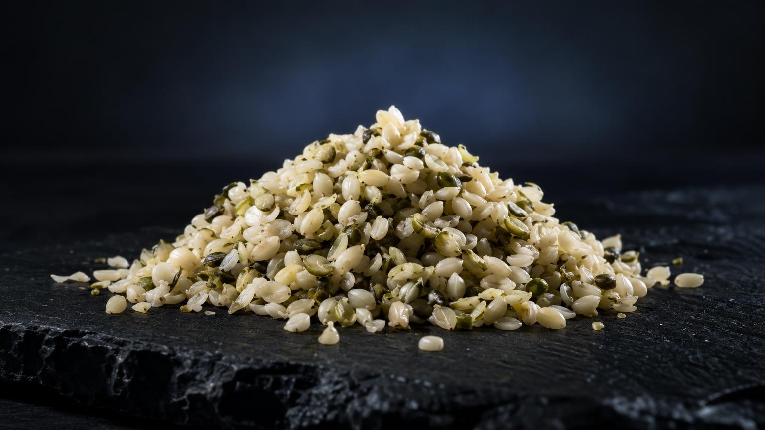 Cristaux et granules blancs et jaunes en tas sur surface noire, matière cristalline utilisée pour Test THC
