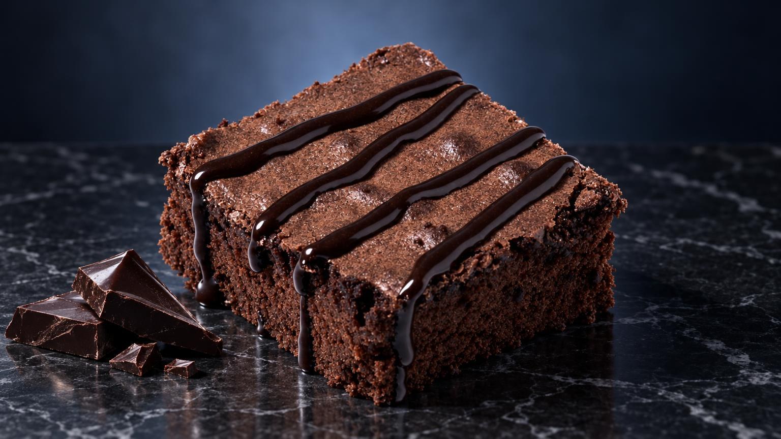 THC Brownies: rich chocolate brownie with dark chocolate drizzle on dark surface, beside cocoa pieces