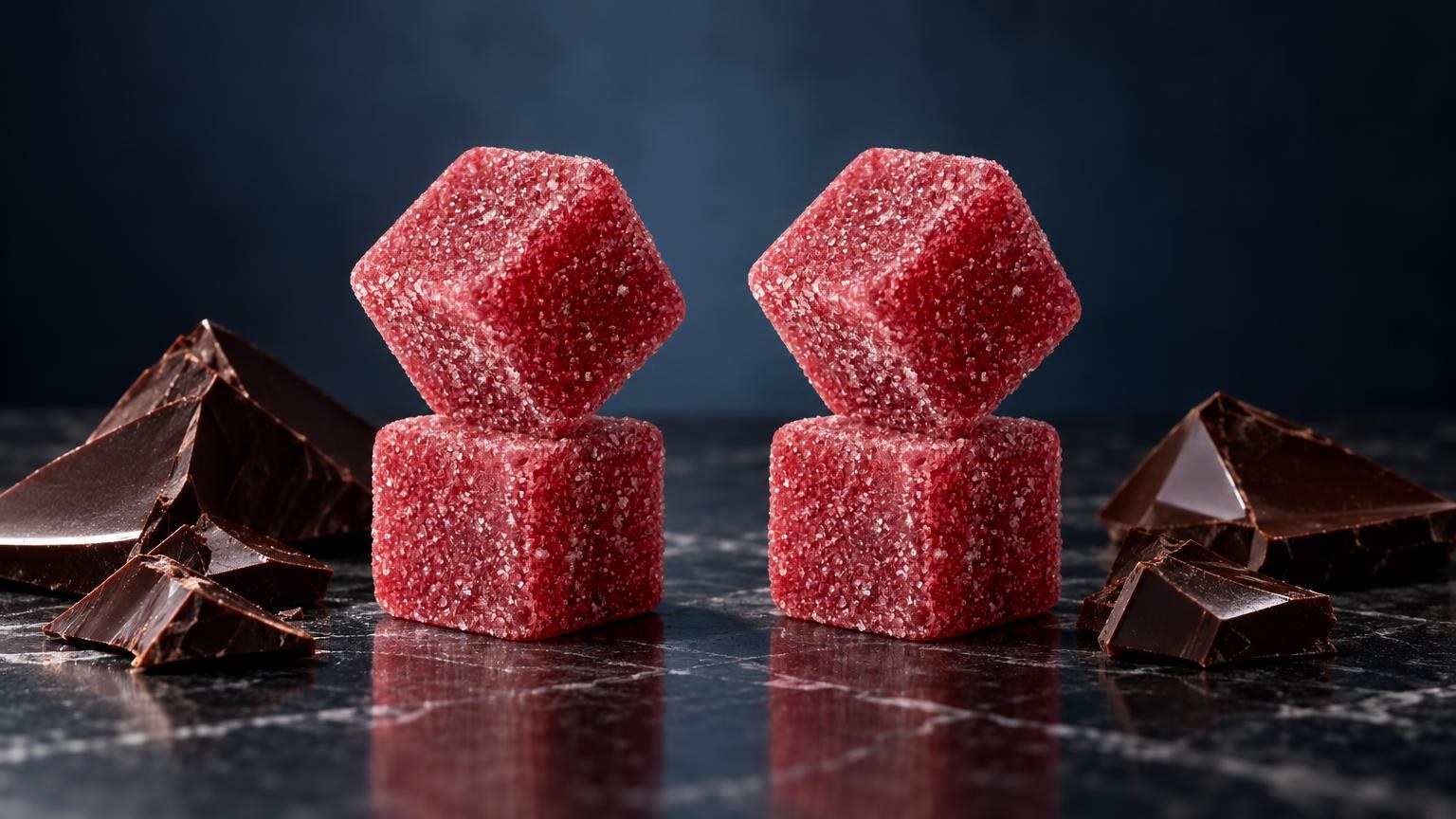 THC-chocolade: twee roze THC-snoepjes met kristallijnstructuur naast donkerbruine chocoladestukken op donkere achtergron