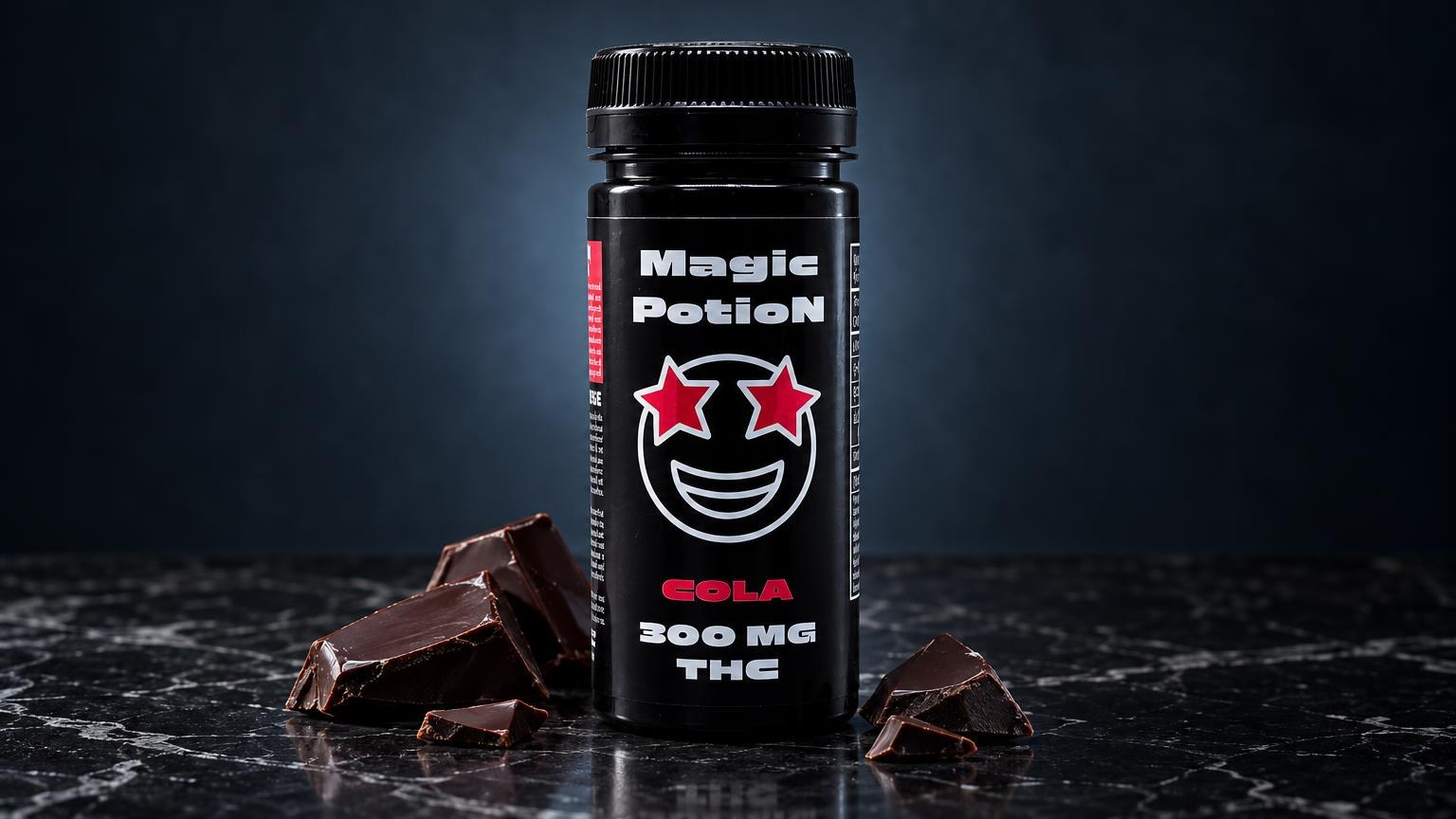 THC-chocolade: zwarte fles Magic Potion met rood sterrenlogo en chocoladestukken ernaast, THC-siroop op donkere achtergr