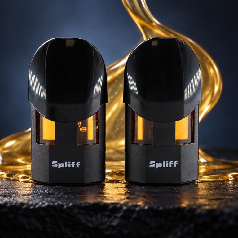 Deux capsules noires à embout doré avec liquide ambré coulant, dispositifs de consommation pour THC en ligne