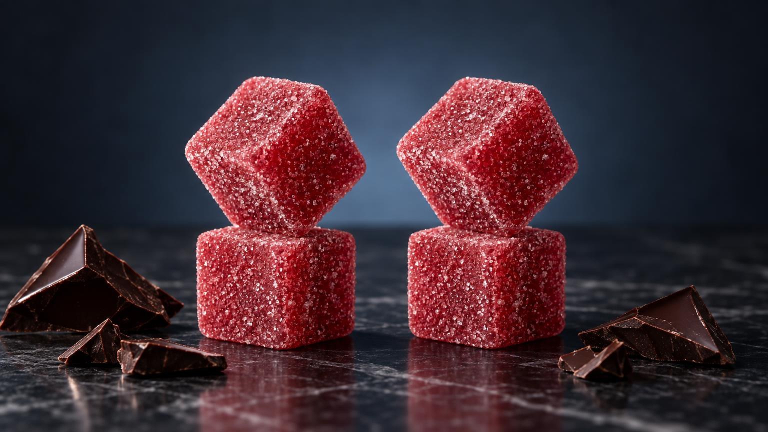 THC-Gummibärchen: zwei rote würfelförmige Gummibonbons mit Zucker überzogen neben Schokoladenstücken auf dunklem Untergr