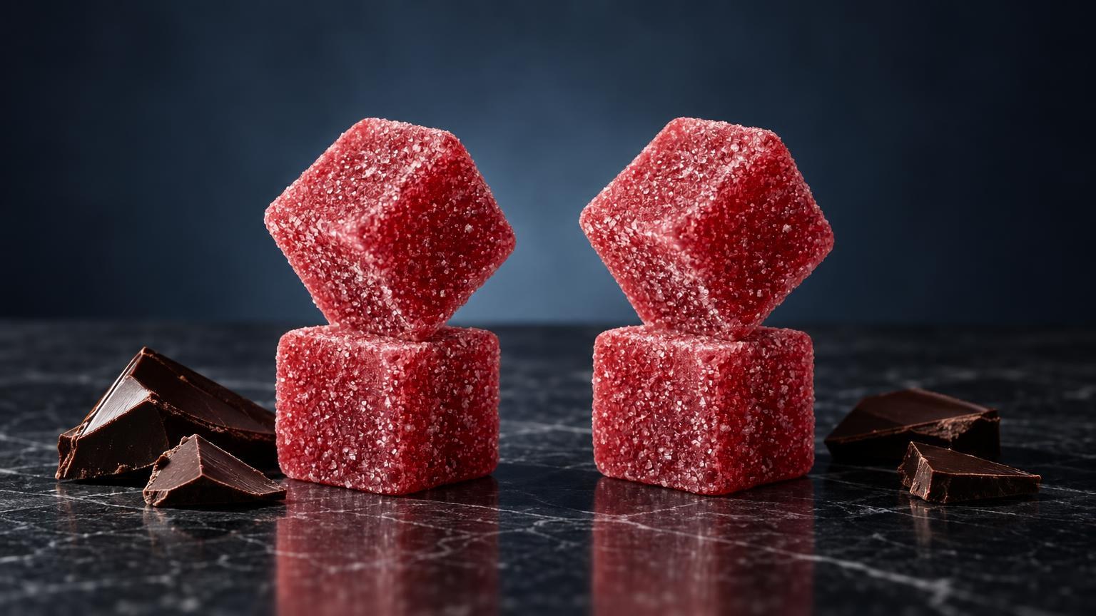 THC-Messgerät: zwei rote würfelförmige Zuckerbonbons neben Schokoladenstücken, Beispiel für Cannabisprodukte zur Messung