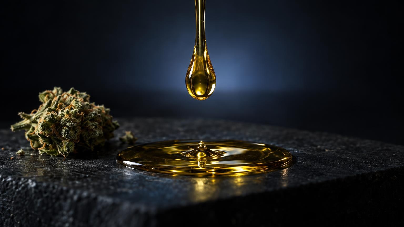 THC olie: goudgele olie druppelt op donkerblauwe ondergrond, naast droge cannabisbloem