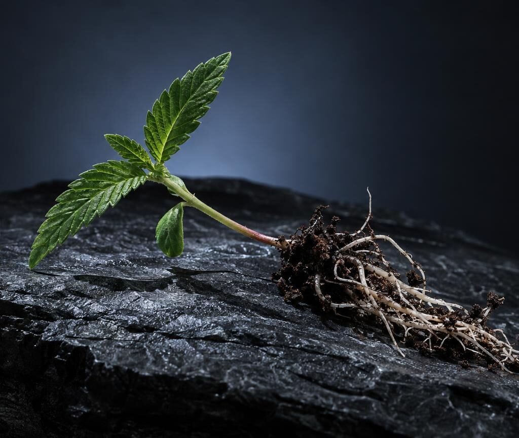 Jeune plant avec feuilles vertes et racines sur surface noire, symbolisant la protection de la matière première