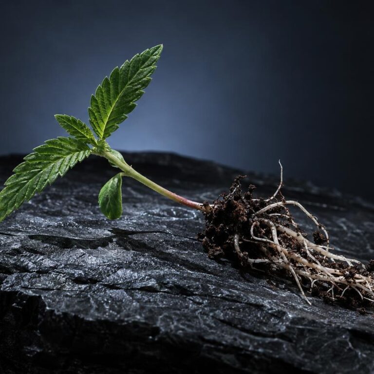 Jeune plant avec feuilles vertes et racines sur surface noire, symbolisant la protection de la matière première
