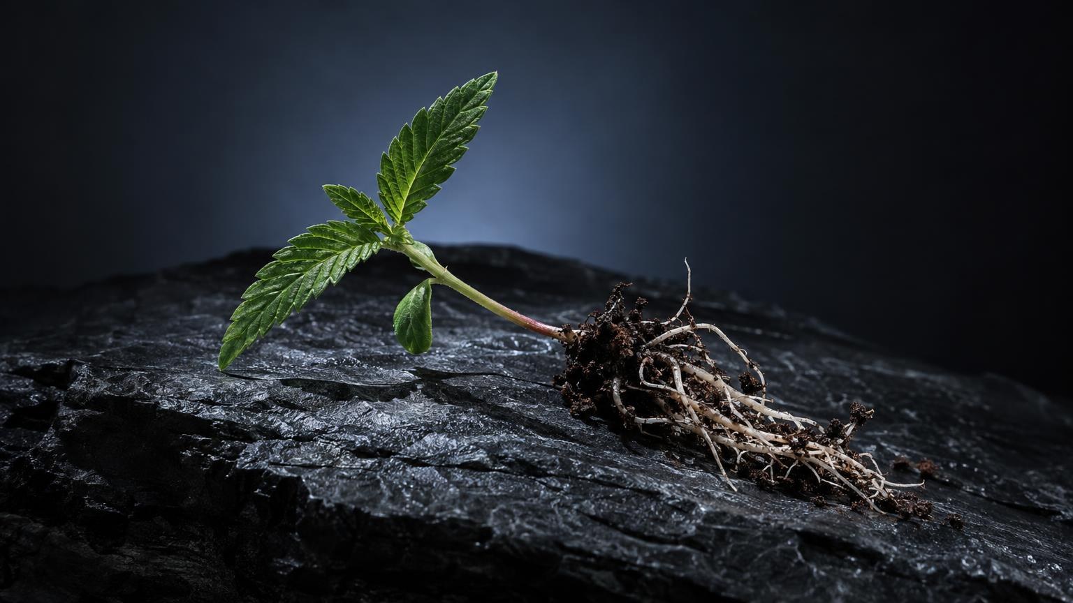 THC protect : jeune plant avec feuilles vertes et racines sur surface noire, symbolisant la protection de la matière première