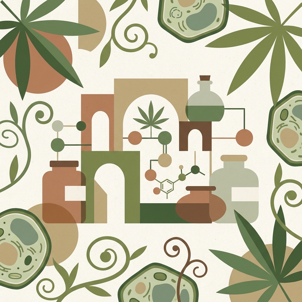 THC shoppe: composizione astratta con foglie di cannabis, fiaschi di vetro e molecole stilizzate su sfondo neutro