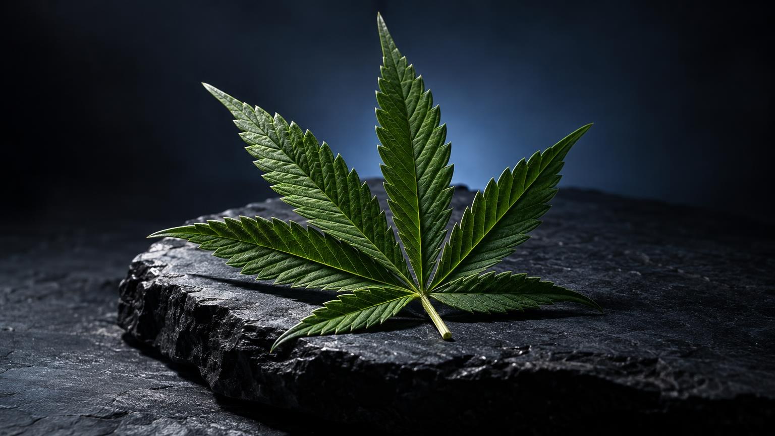 THC-Test: frisches Cannabisblatt mit charakteristischen sieben Fingern auf dunklem Stein, vor blauem Hintergrund