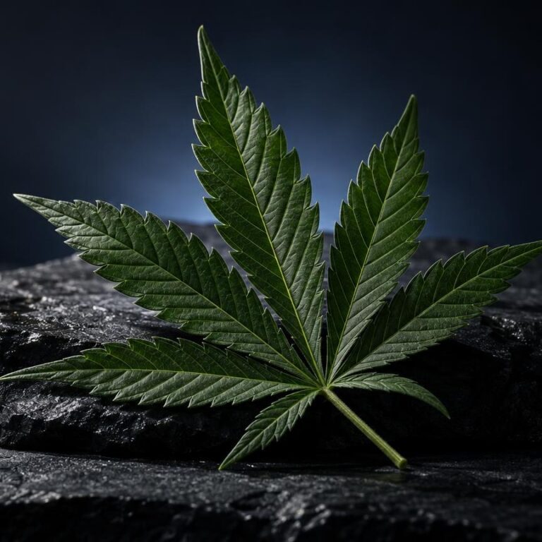 Feuille de cannabis aux cinq folioles caractéristiques, posée sur une pierre grise, illustration du débat THC vs CBD