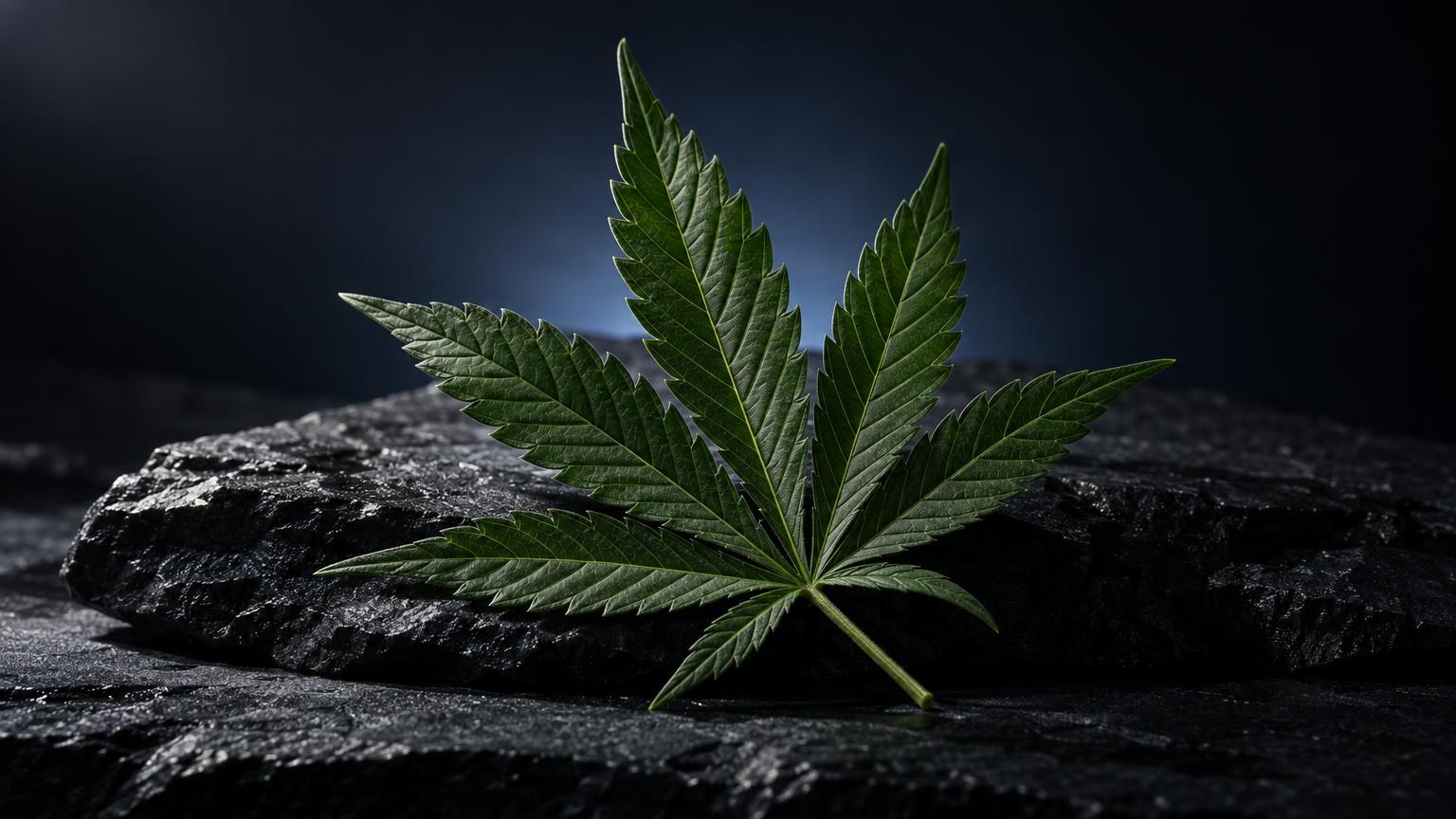 Feuille de cannabis aux cinq folioles caractéristiques, posée sur une pierre grise, illustration du débat THC vs CBD